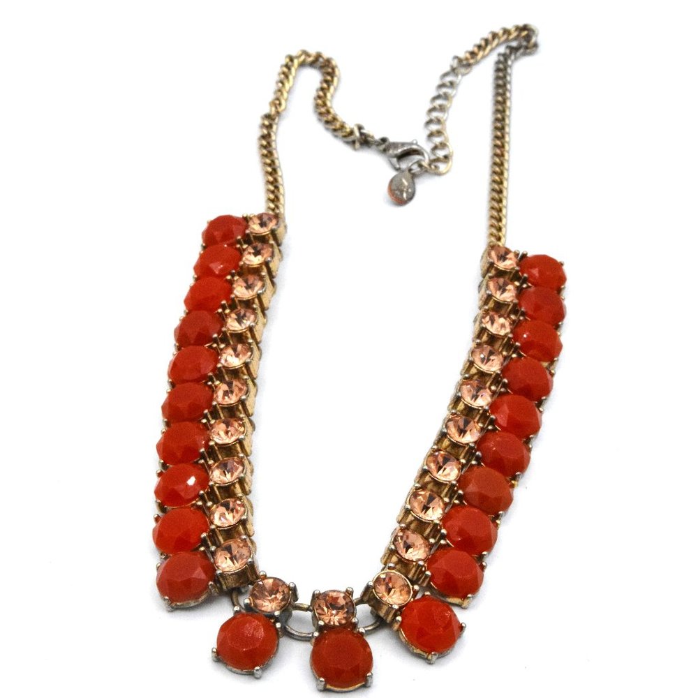 Vintage Pink Rhinestone & Orange Bead Gold Tone Necklace Marked "A"